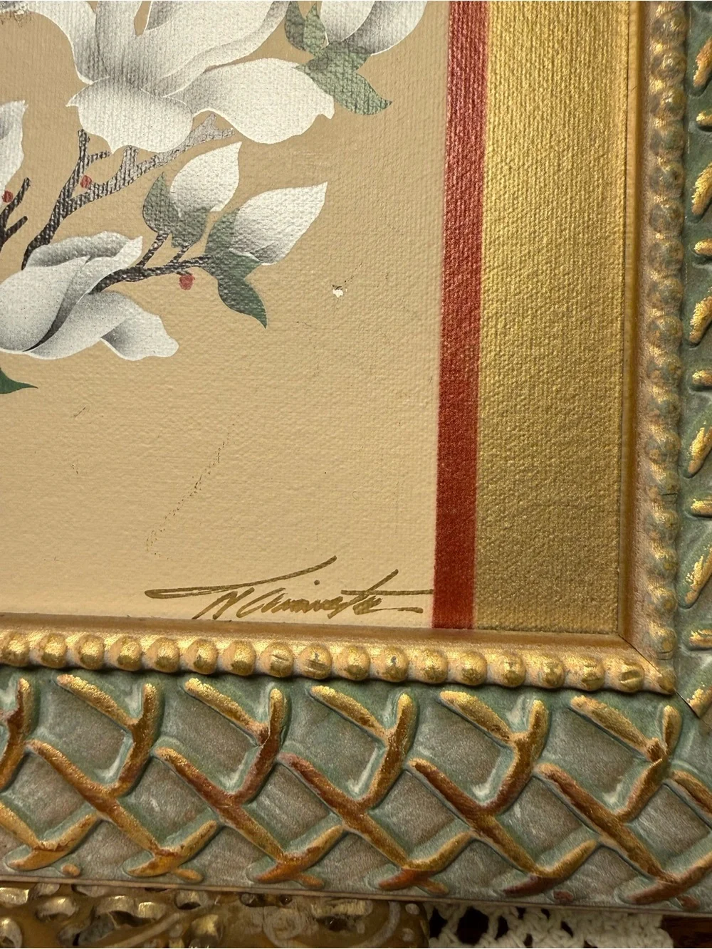 Vintage Original Signed Oil Painting Magnolia Branch Butterfly Floral Framed